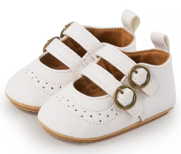 White Leather Double Buckle Pumps