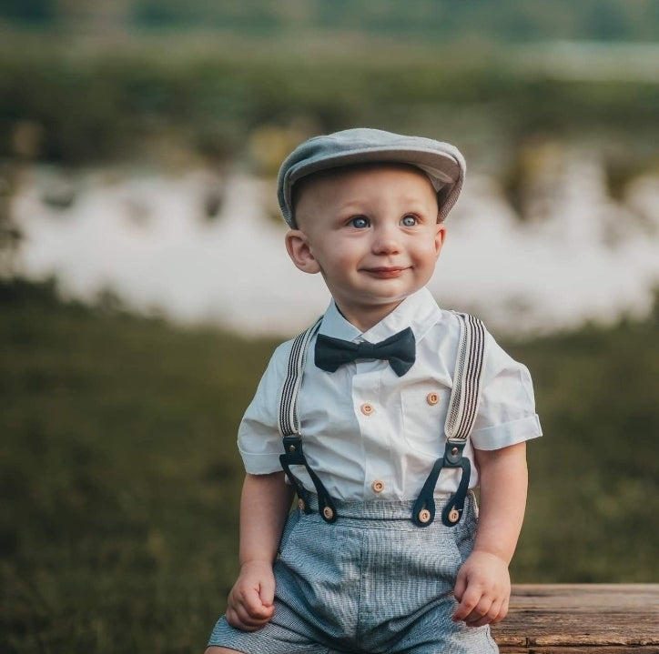 Gentleman Suit White Short Sleeve Shirts with Shorts, Suspenders and Bowtie