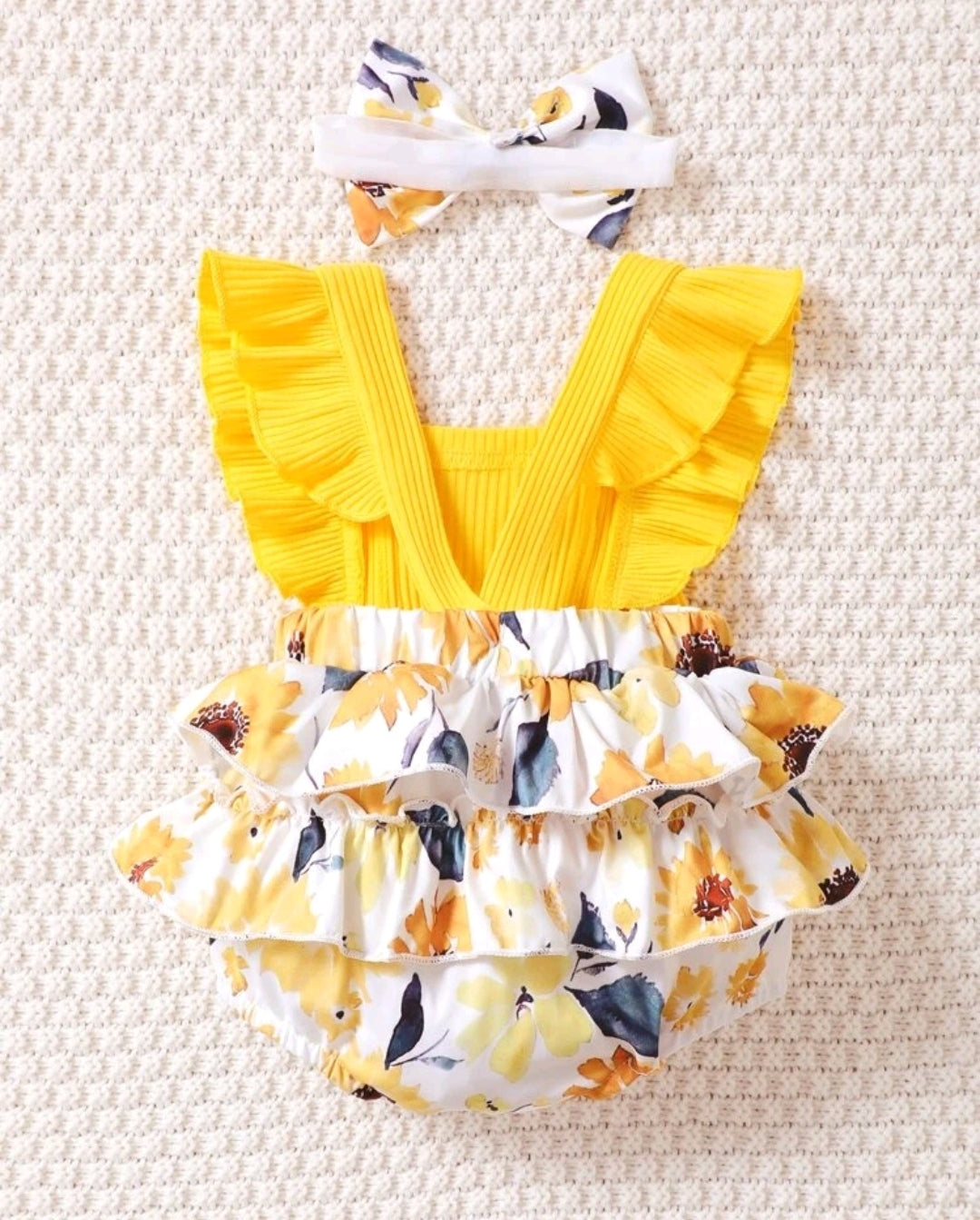 Yellow Floral Romper with Bows