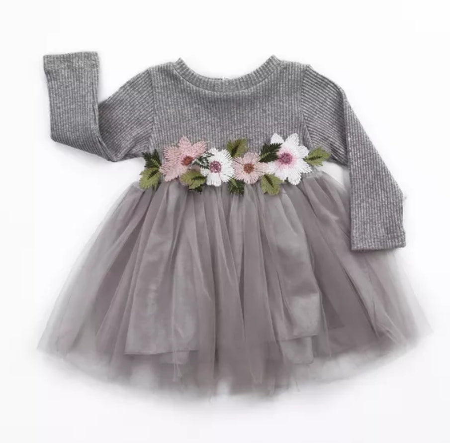 Gray Ribbed Lace Dress with Floral Design