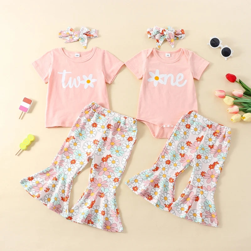 First Birthday Outfit Floral Top with Bellbottoms and Headband 80's…