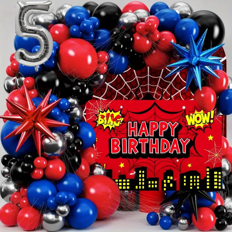 Birthday balloon arch with superhero theme, featuring red, blue, and black balloons with a 'Happy Birthday' sign.
