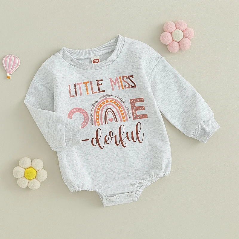 Little Miss One Derful Crewnek Birthday Romper, Gray