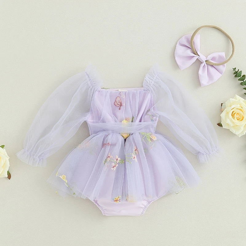 Purple Embroidered Long Sleeve Romper and Headband