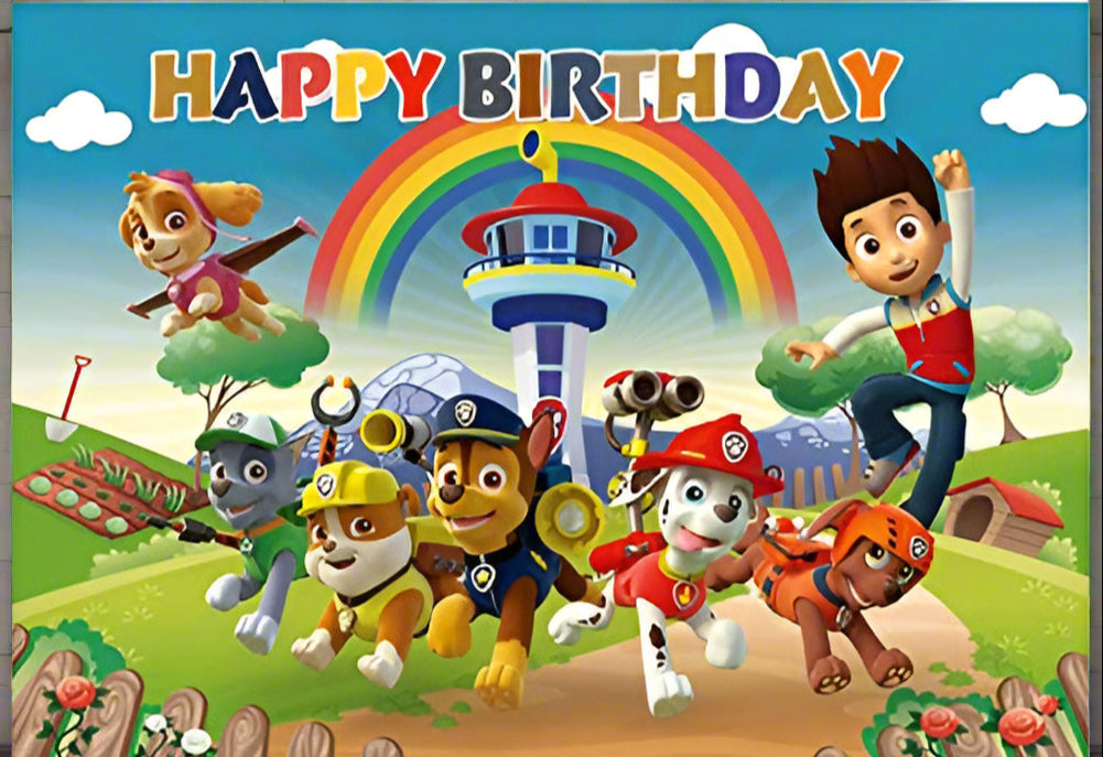 Birthday card with cartoon characters from Paw Patrol against a colorful background with rainbow and lighthouse.