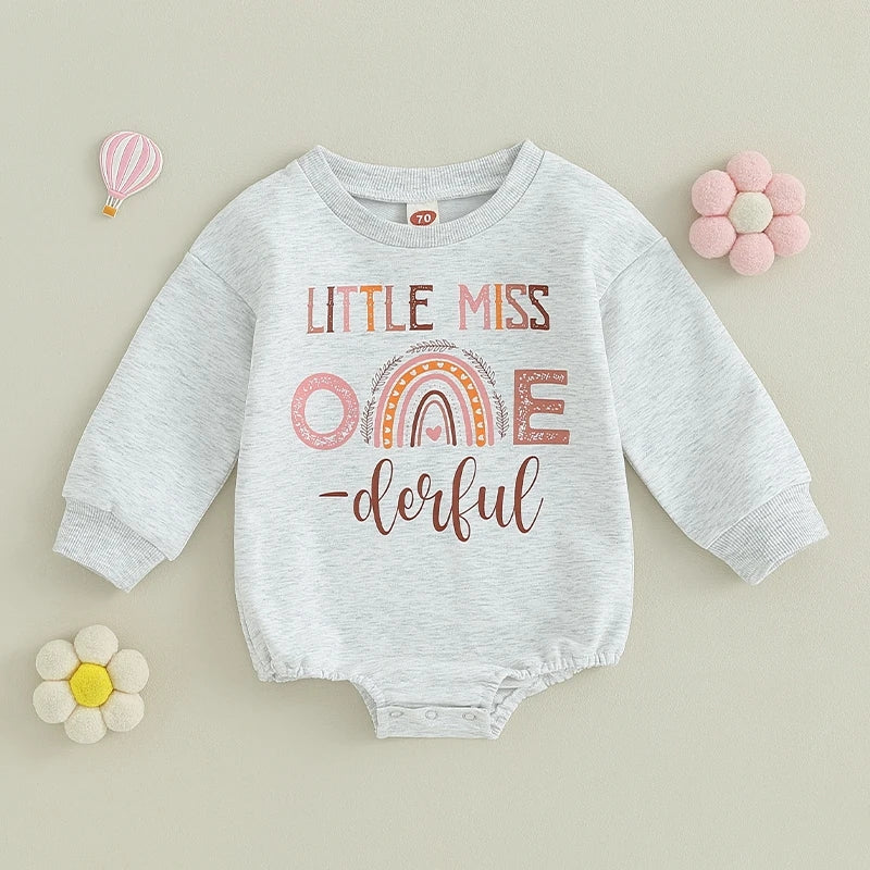 Little Miss One Derful Crewnek Birthday Romper, Gray