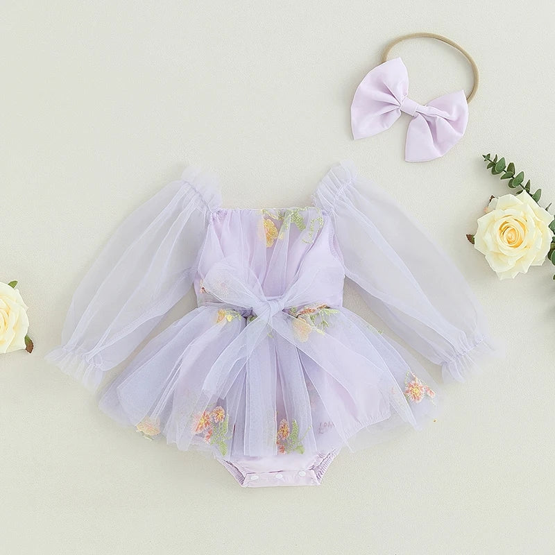 Purple Embroidered Long Sleeve Romper and Headband