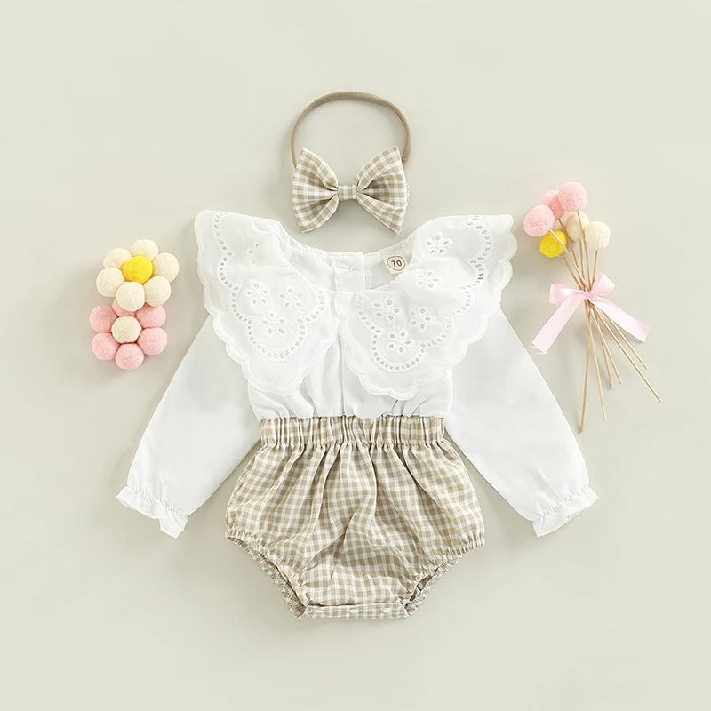 Lace Ruffle Collar Romper with Headband