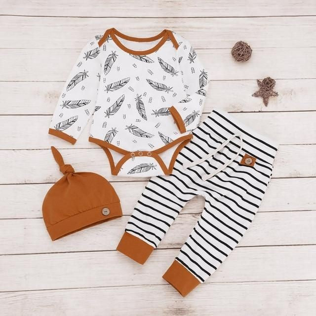 Feather Romper with Striped High Wasted Pants and Pumpkin Hat