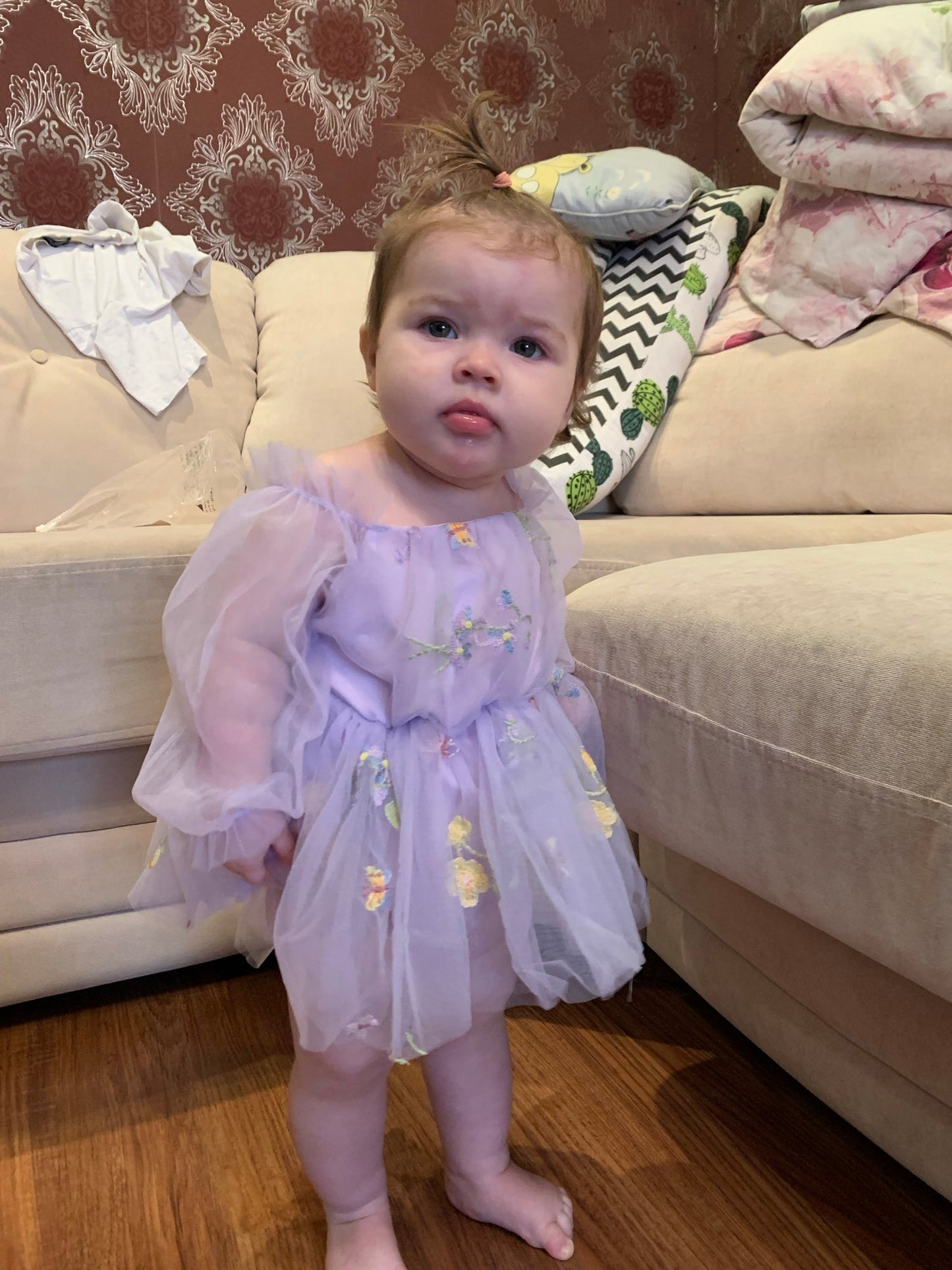 Purple Embroidered Long Sleeve Romper and Headband
