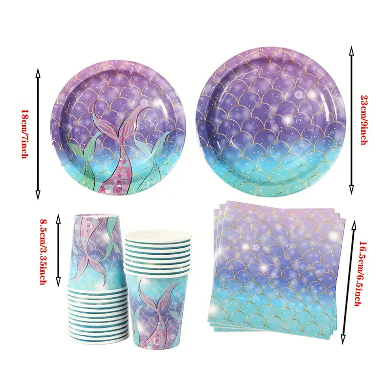 Mermaid-themed party supplies including plates, cups, and napkins with measurements.