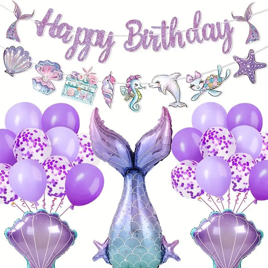 Mermaid purple birthday party set with tableware, balloons, cake toppers, and decorations.