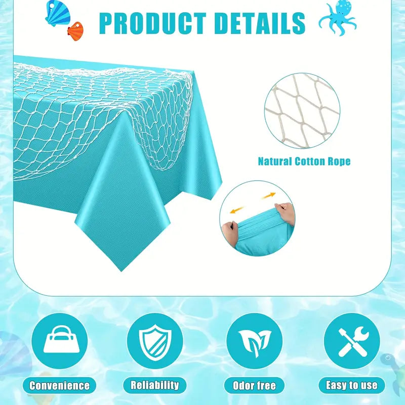 Teal tablecloth with natural cotton rope details on a light blue background