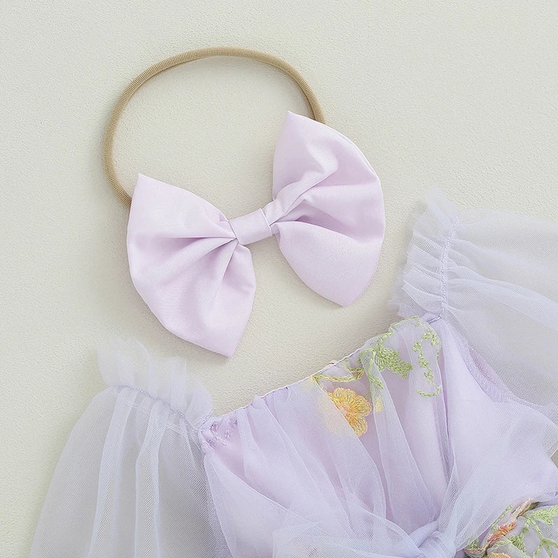 Purple Embroidered Long Sleeve Romper and Headband