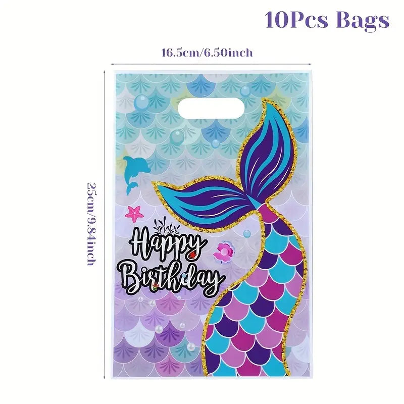 Mermaid tail-themed birthday bag with 'Happy Birthday' text on a white background