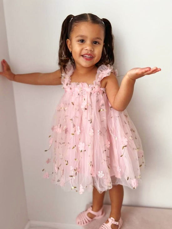 Peachy Pink Embroidered Floral Tulle Dress