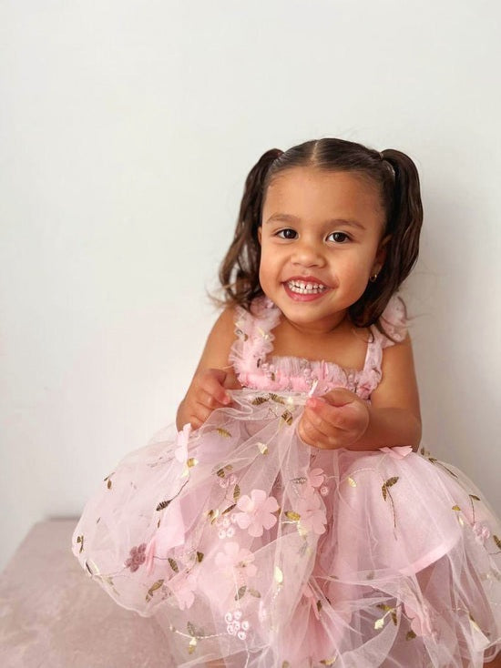 Peachy Pink Embroidered Floral Tulle Dress
