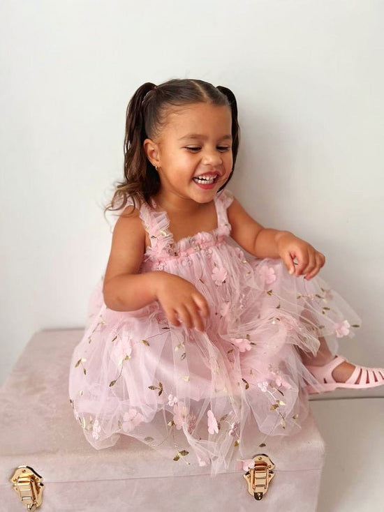 Peachy Pink Embroidered Floral Tulle Dress