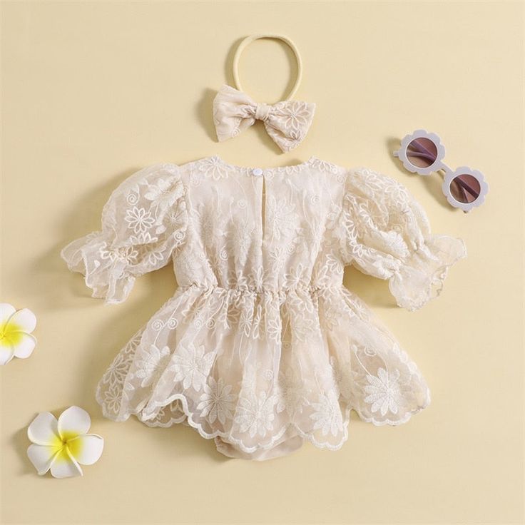 Off White Floral Embroidered Romper and Headband