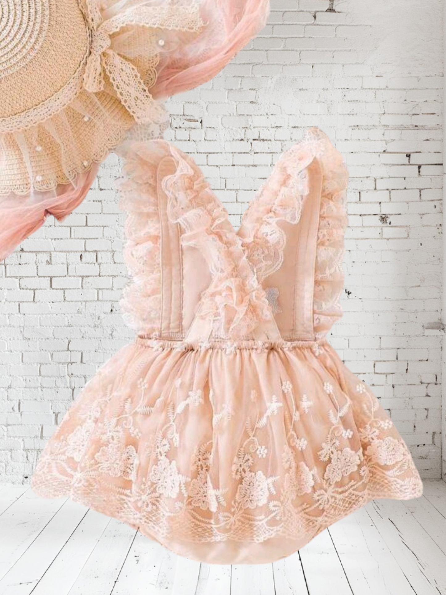 Peachy Pink Romper Dress with Embroidered Mesh Overlay 1000374