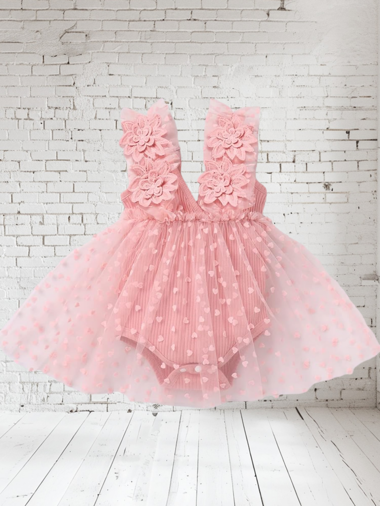 Pink Floral Romper Dress with Heart Detail Mesh Overlay #1000261