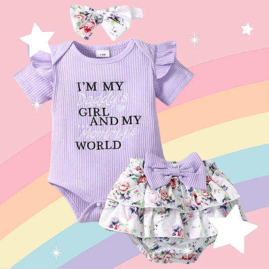 Daddy's Girl Mommy's World Purple Ruffle Romper with Floral Bloomer…