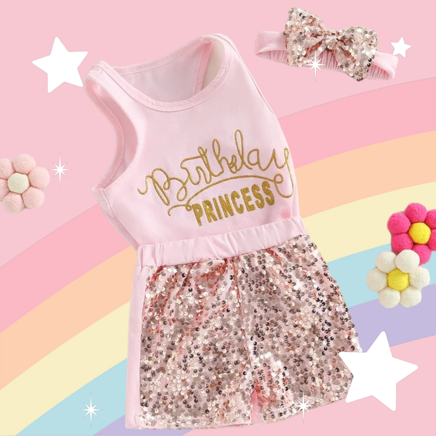 Birthday Princess Top with Sequins Shorts and Headband
