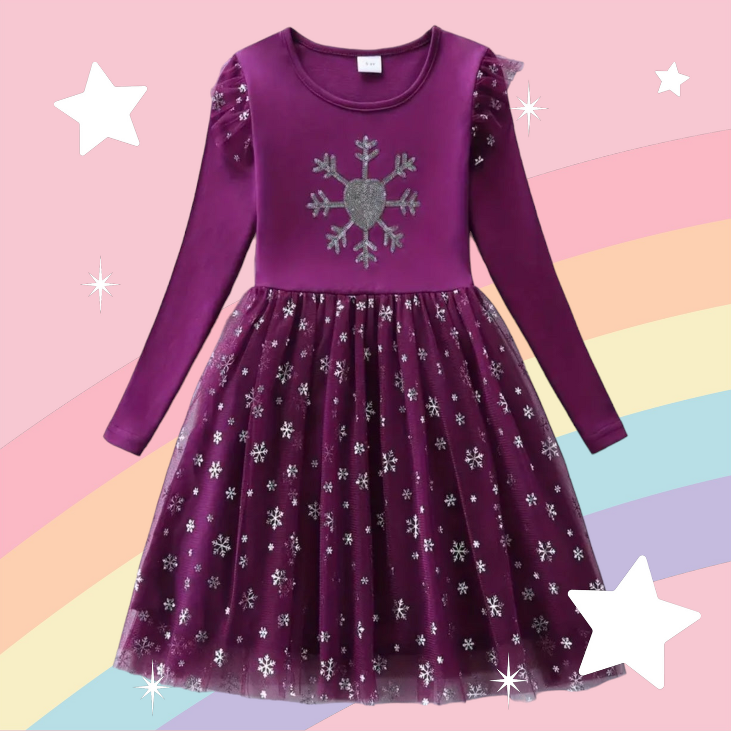 Plum Snow Princess Dress with Embroidered Snowflake