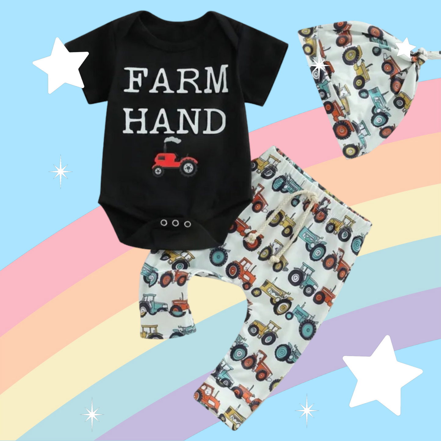 Farm Hamd Romper, Pants and Pumpkin Hat