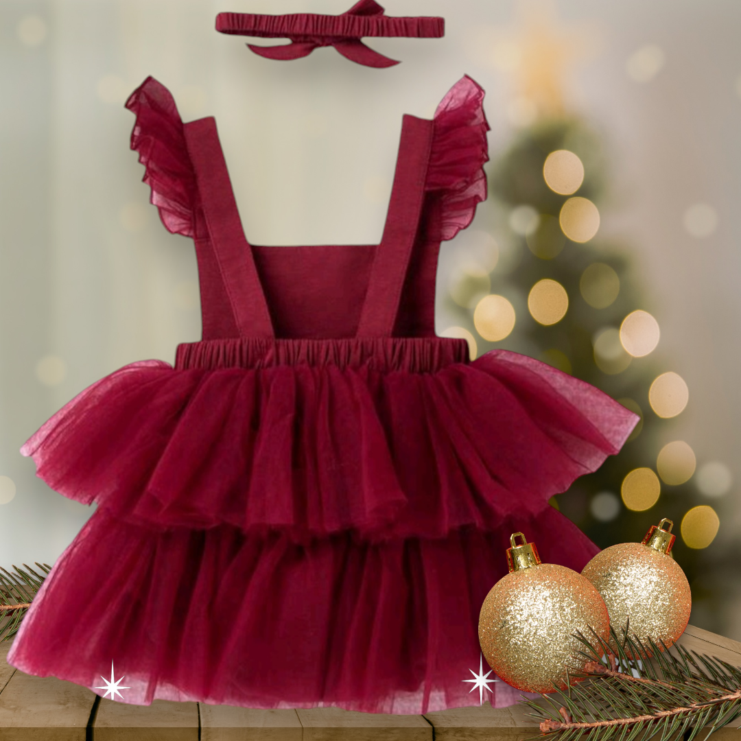 Maroon Multi-Layered Mesh Ruffle Romper and Headband 1000426