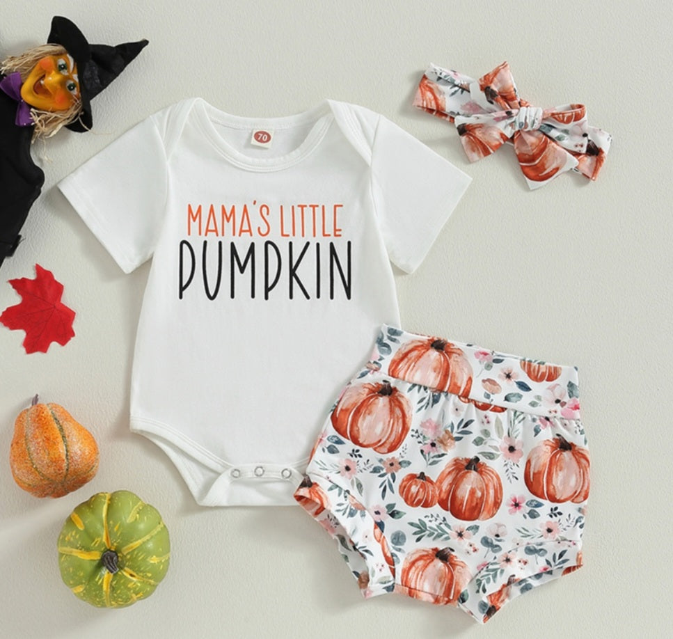 Mama's Little Pumpkin Romper with Bloomer and Headband 1000107