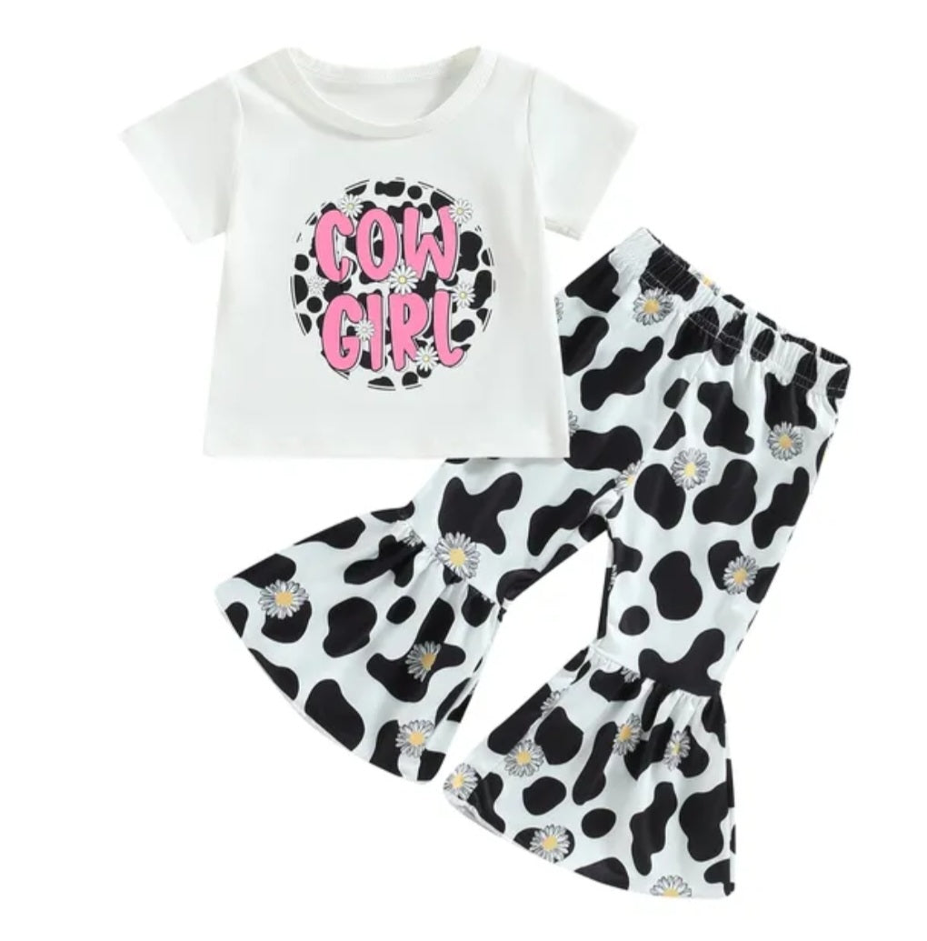 Daisy Cow Girl T-shirt with Cow Print Bell Bottoms