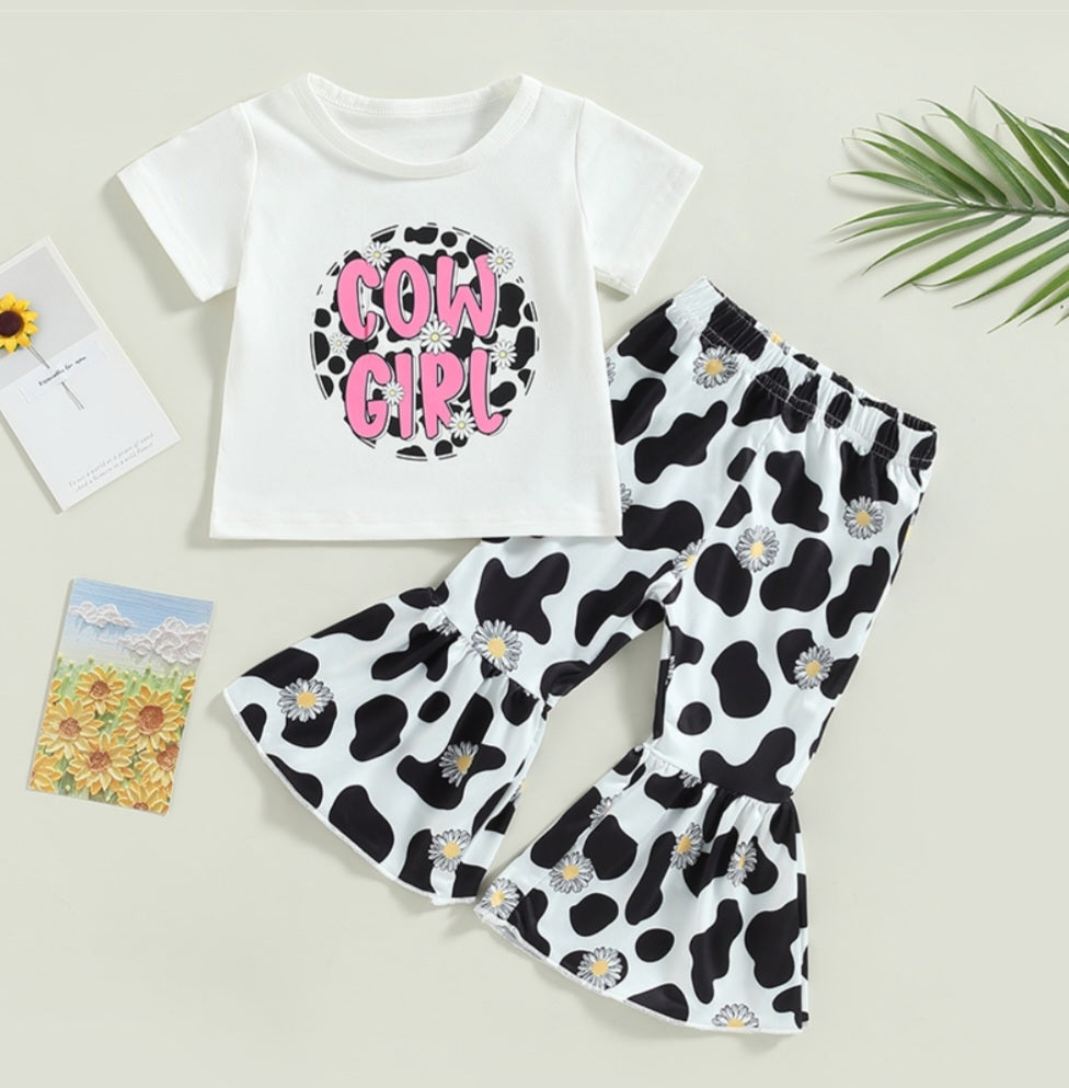 Daisy Cow Girl T-shirt with Cow Print Bell Bottoms