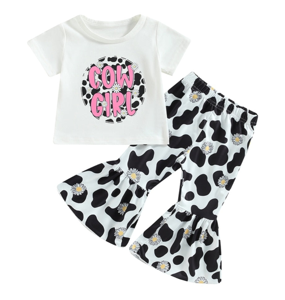Daisy Cow Girl T-shirt with Cow Print Bell Bottoms
