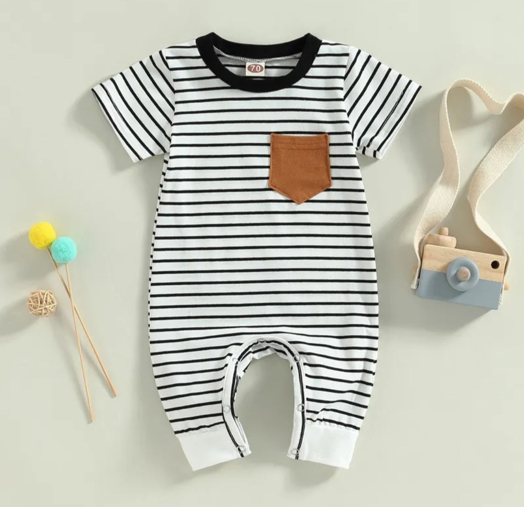 Striped Romper with Caramel Pocket, Gender Neutral