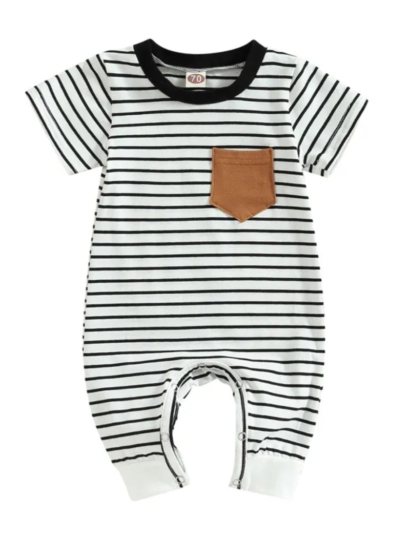 Striped Romper with Caramel Pocket, Gender Neutral