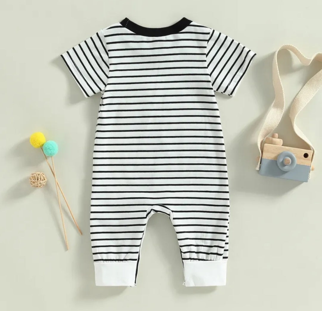 Striped Romper with Caramel Pocket, Gender Neutral