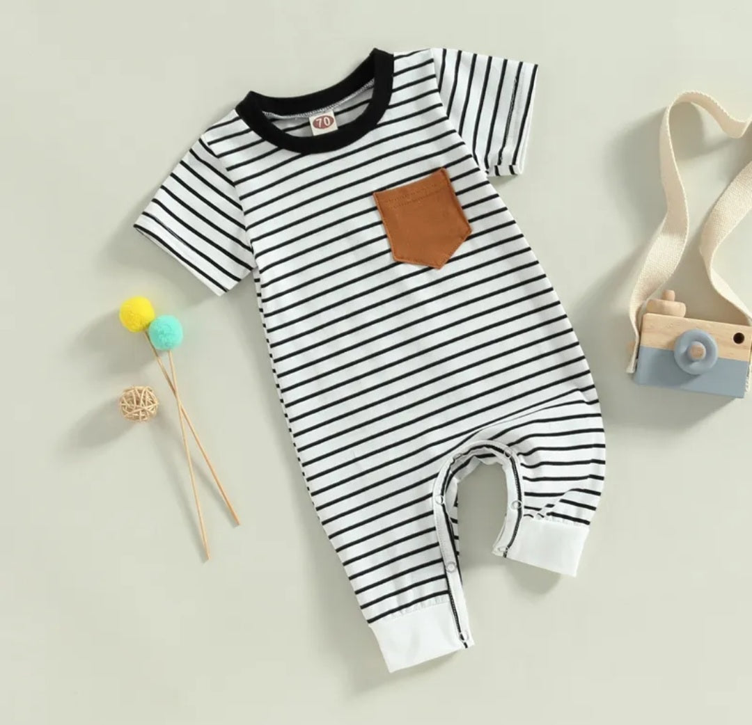 Striped Romper with Caramel Pocket, Gender Neutral
