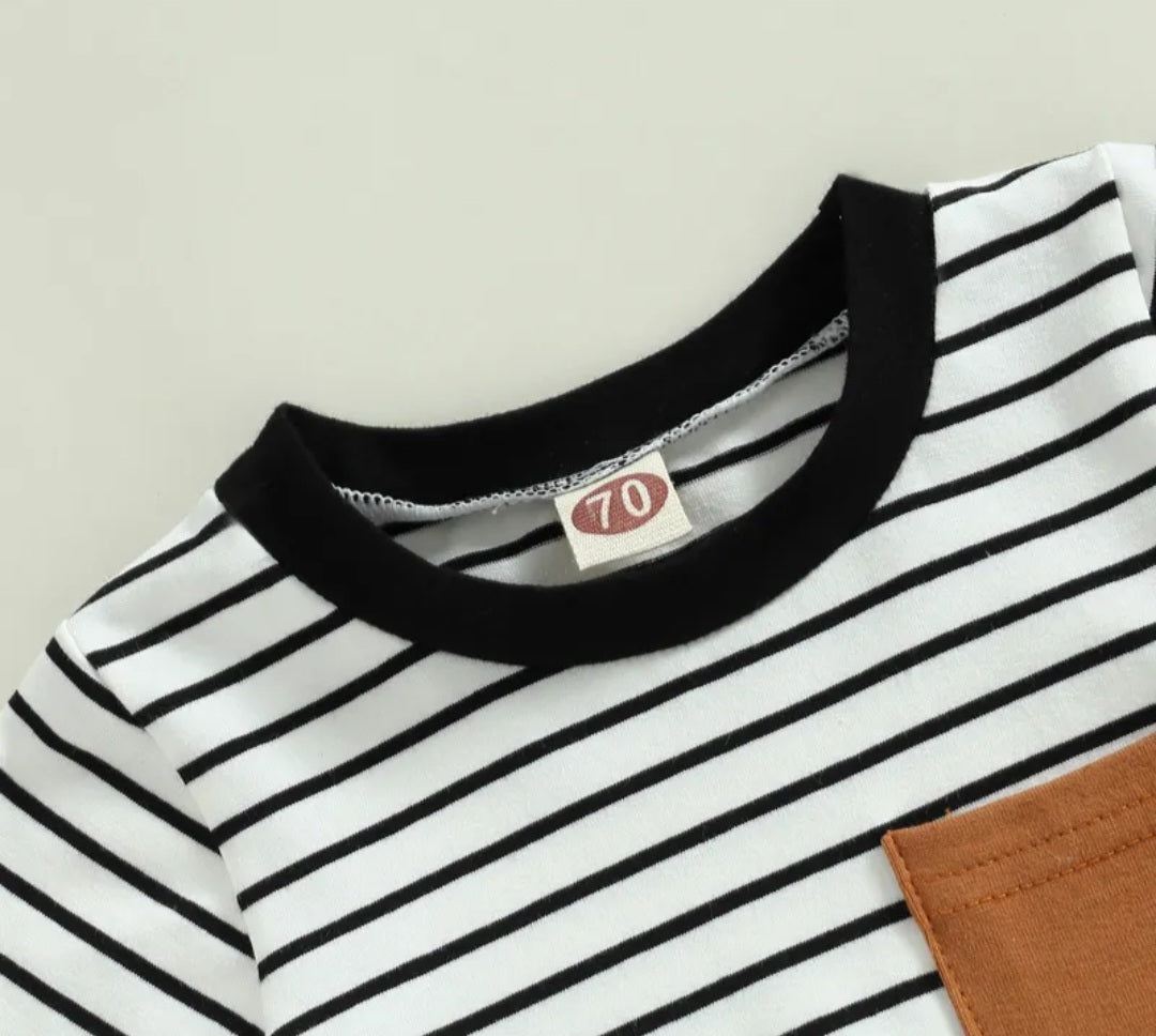 Striped Romper with Caramel Pocket, Gender Neutral