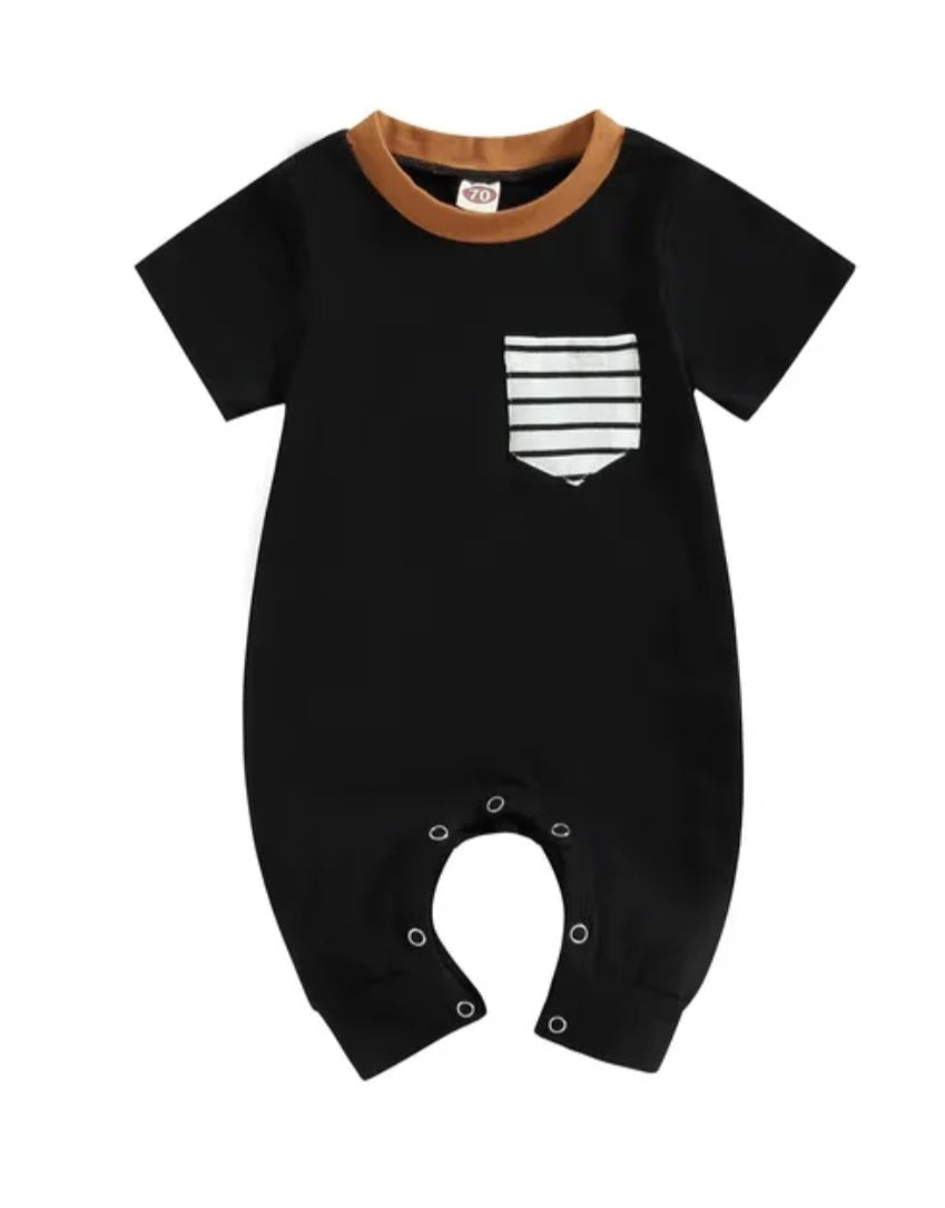 Black Romper with Striped Pocket and Caramel Crewneck, Gender Neutral