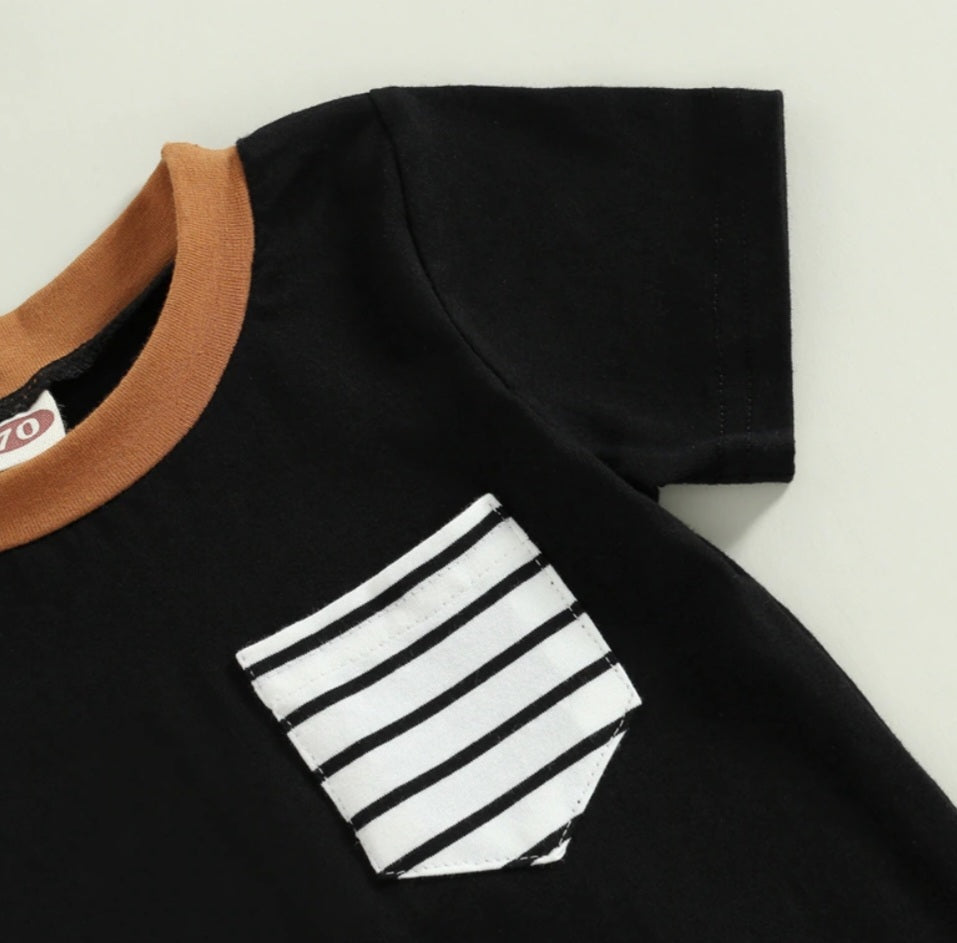 Black Romper with Striped Pocket and Caramel Crewneck, Gender Neutral