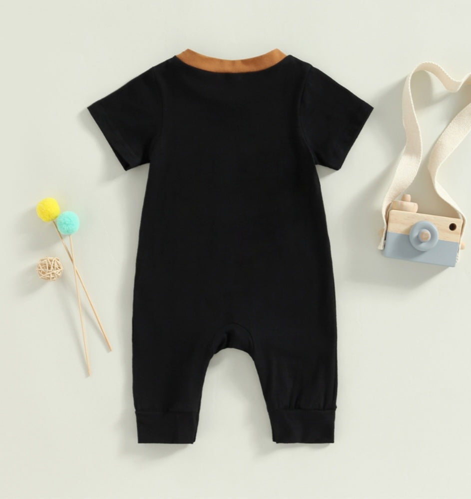 Black Romper with Striped Pocket and Caramel Crewneck, Gender Neutral
