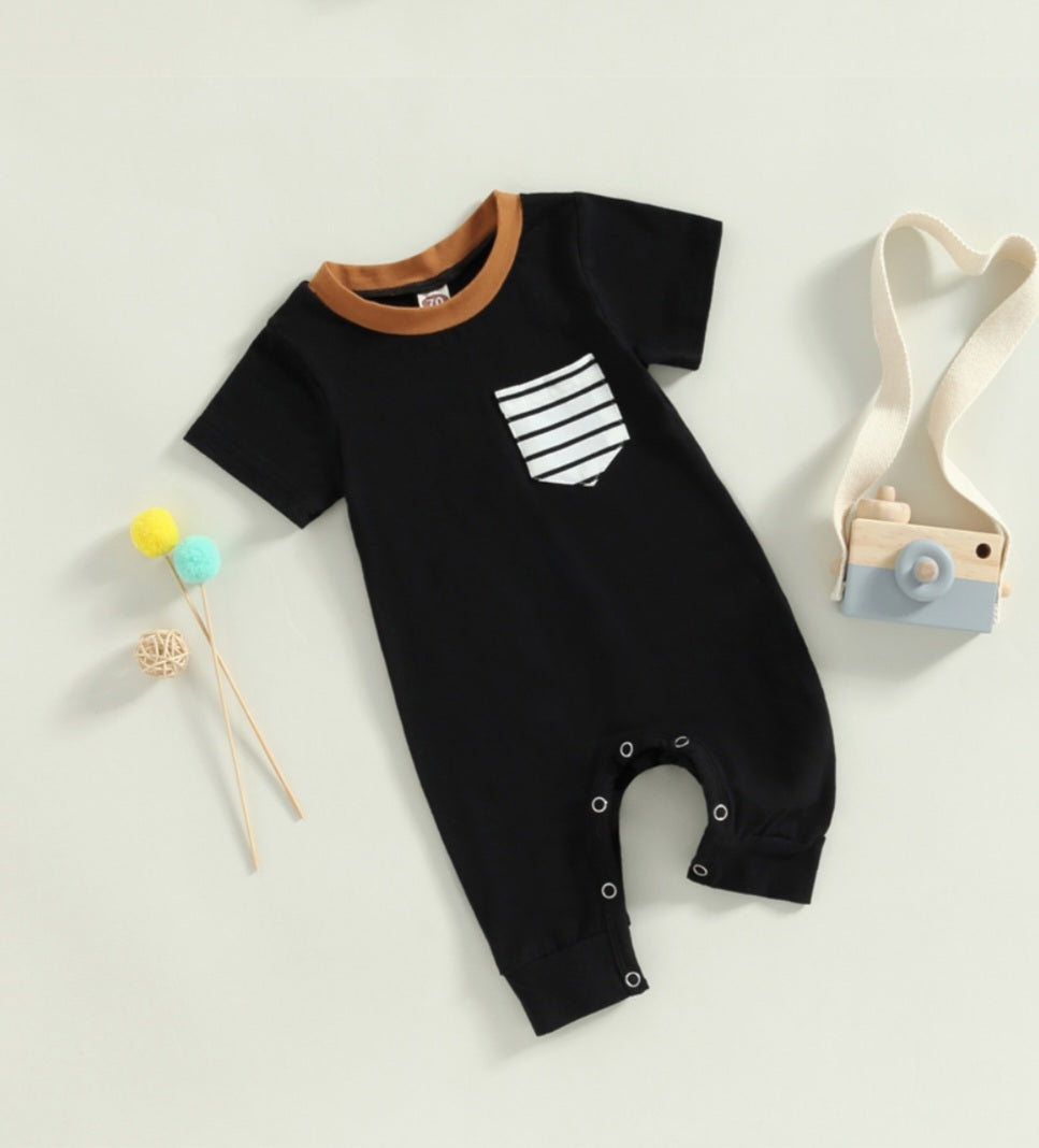Black Romper with Striped Pocket and Caramel Crewneck, Gender Neutral