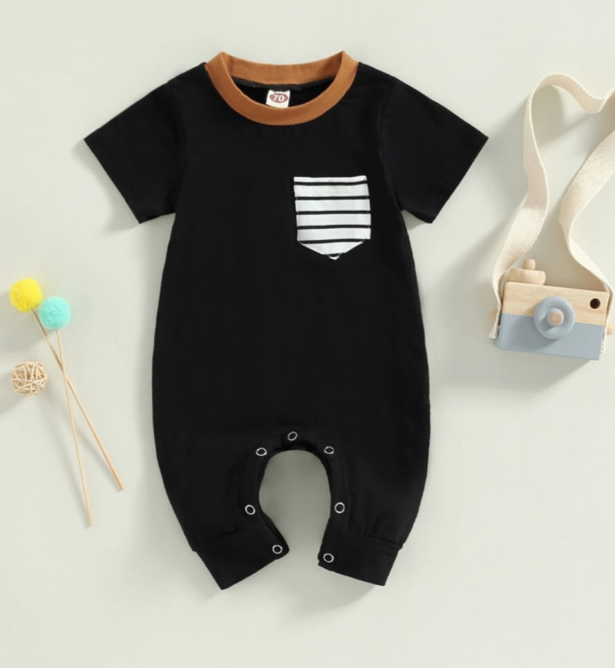 Black Romper with Striped Pocket and Caramel Crewneck, Gender Neutral