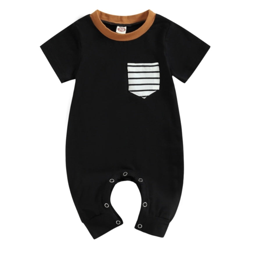 Black Romper with Striped Pocket and Caramel Crewneck, Gender Neutral