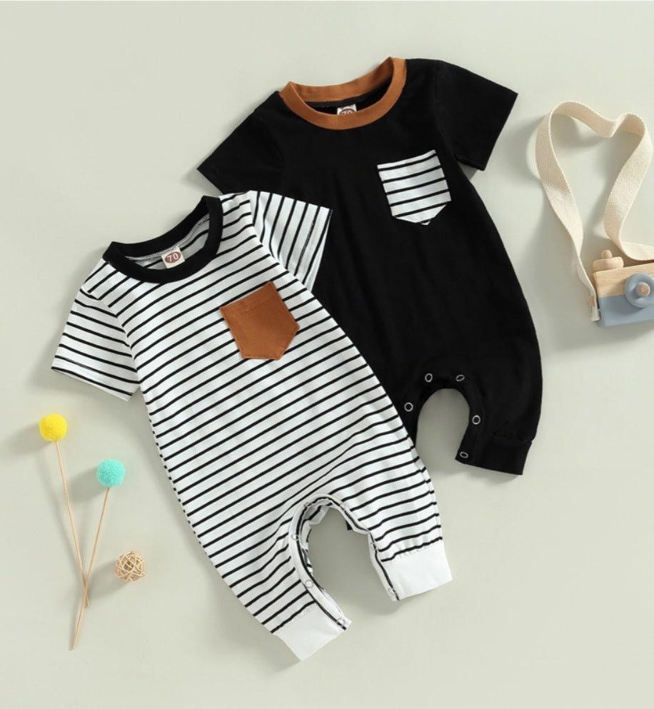 Black Romper with Striped Pocket and Caramel Crewneck, Gender Neutral