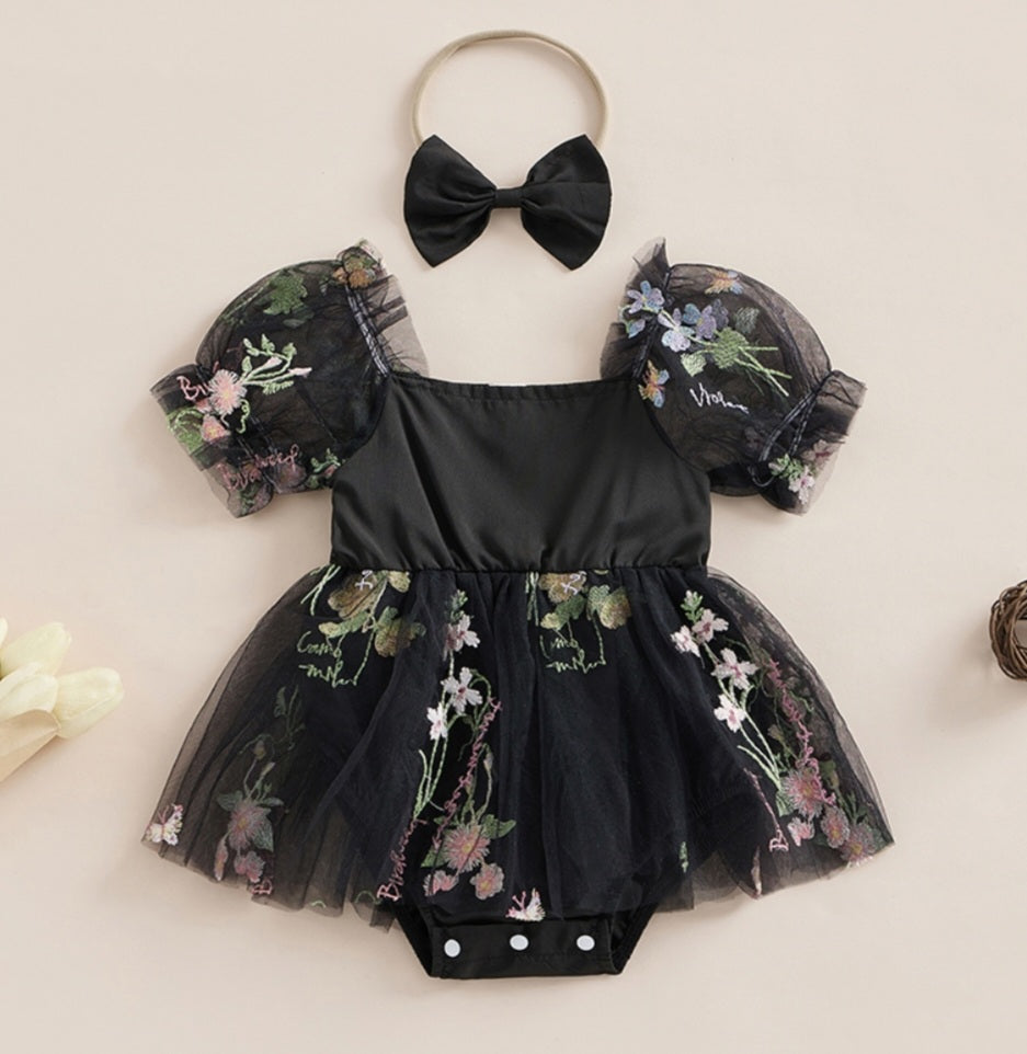 Embroidered Black Romper and Headband