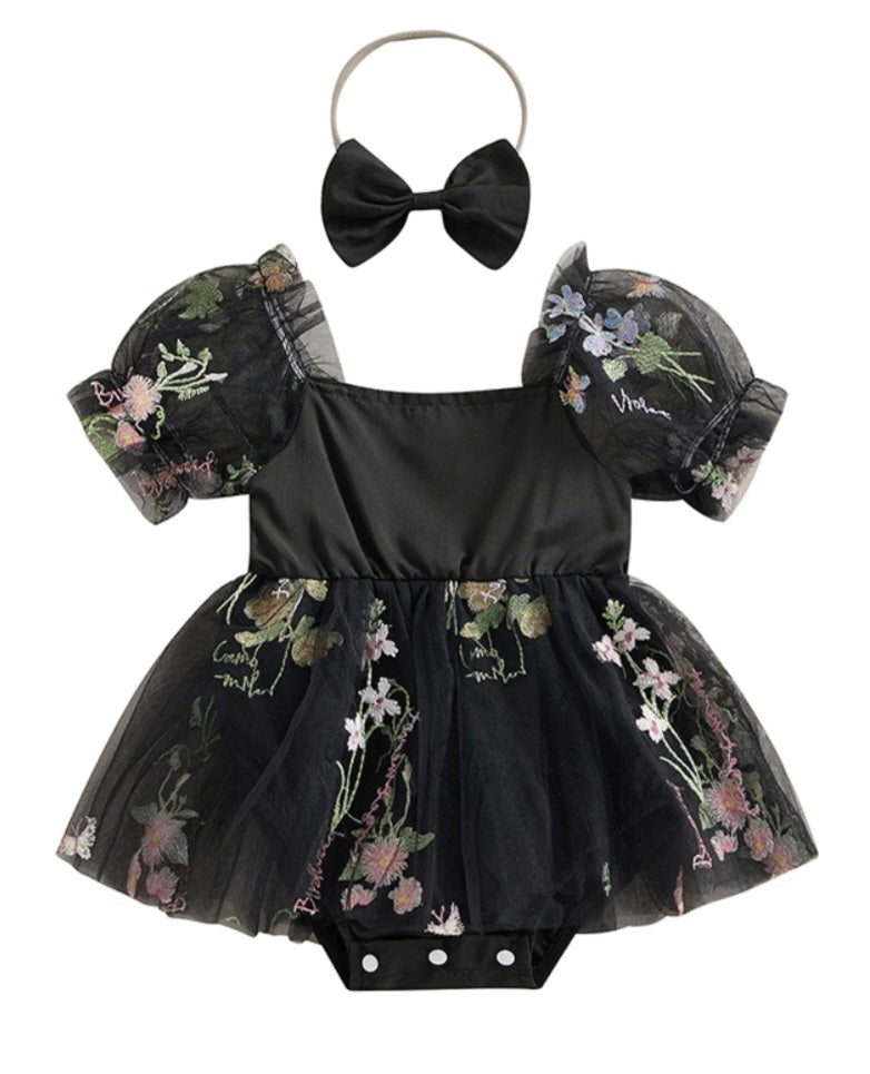 Embroidered Black Romper and Headband