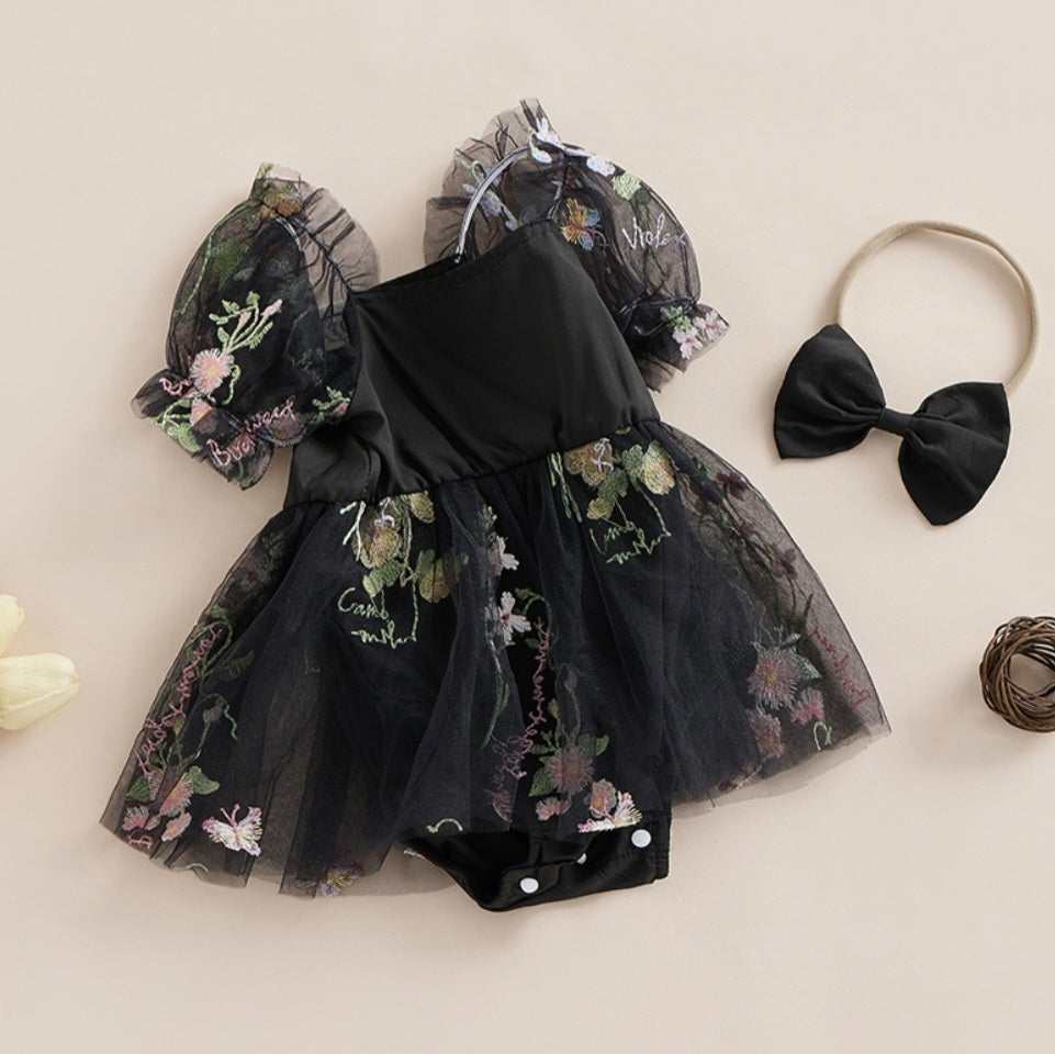 Embroidered Black Romper and Headband