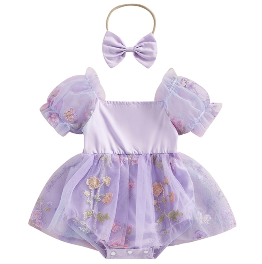 Embroided Purple Pull Sleeve Romper and Headband 1000109